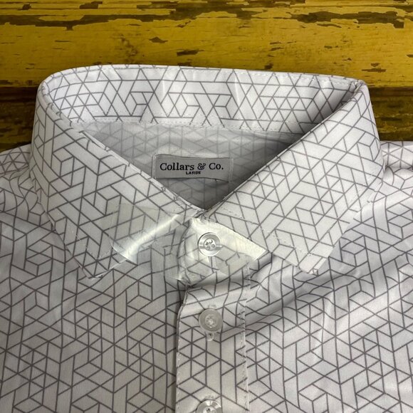 Collars & Co. Semi-Spread Collar Polo White Geometric Sz LG Short Sleeve - Picture 4 of 6